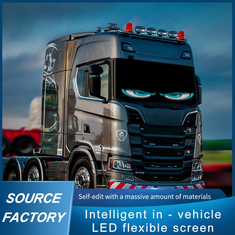 Truck front with teal/blue LED eye display on a flexible screen