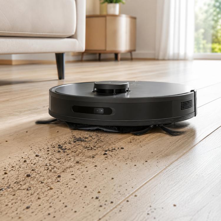 Robot vacuum with black main roller brush accessory on a light hardwood floor