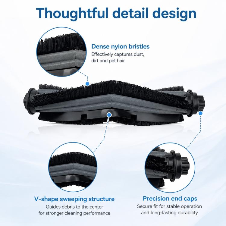 Black V-shaped roller brush assembly with end caps and bristle rows