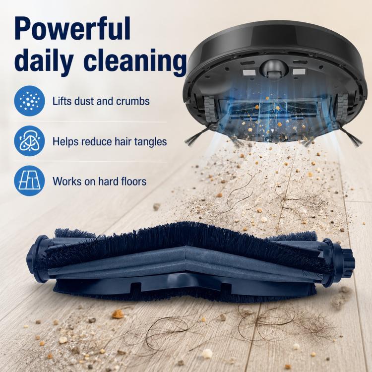 Robot vacuum with black roller brush releasing dust particles on hardwood flooring