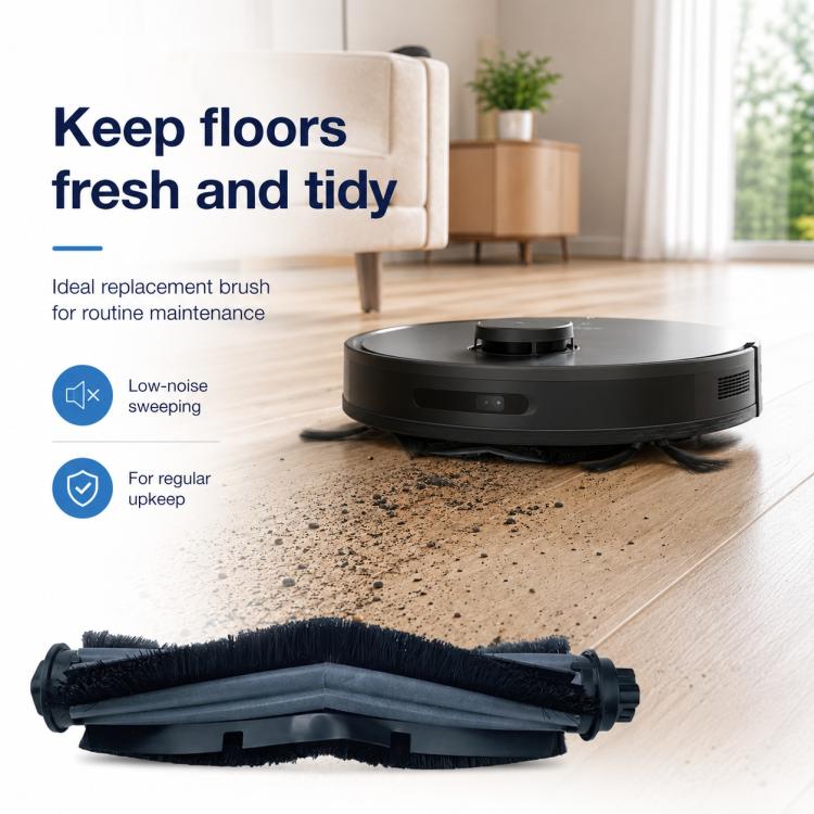Robot vacuum with replacement black roller brush on a light wood floor