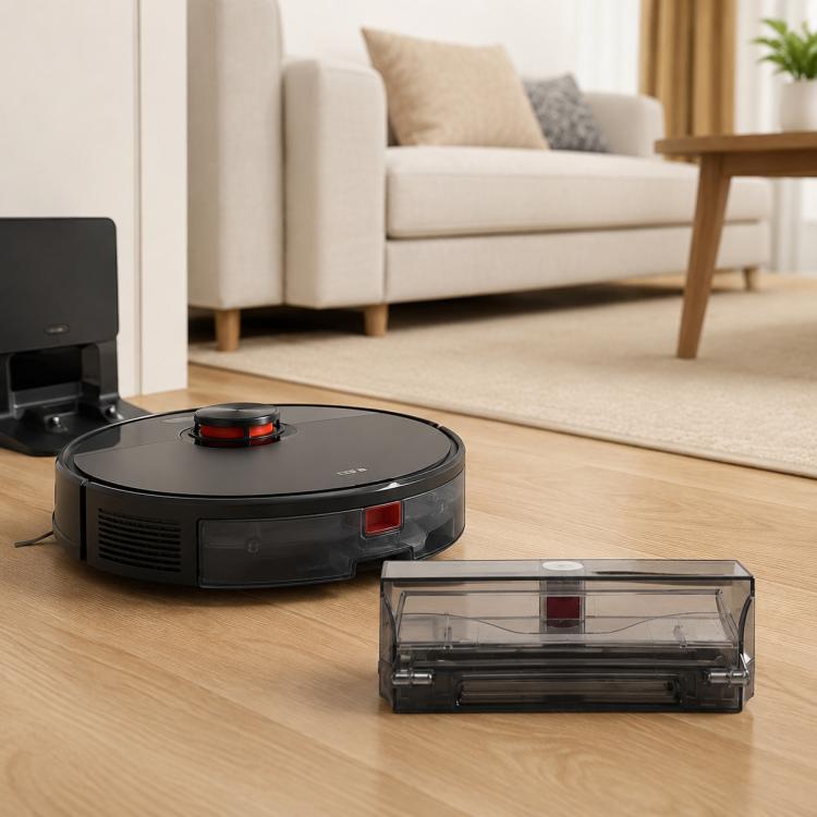 Robot vacuum dust bin replacement, transparent housing with black filter frame
