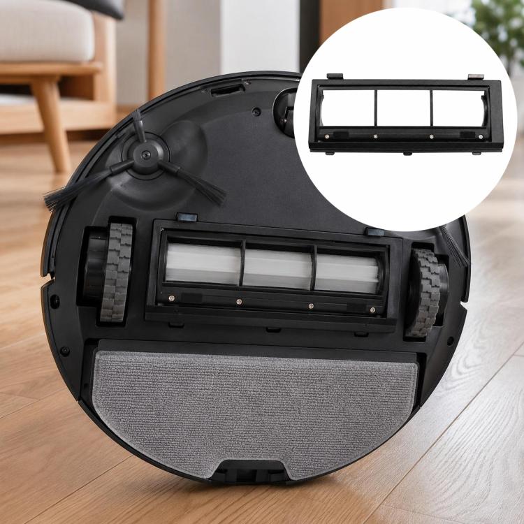 Robot vacuum main brush cover and filter module, black housing with gray mesh