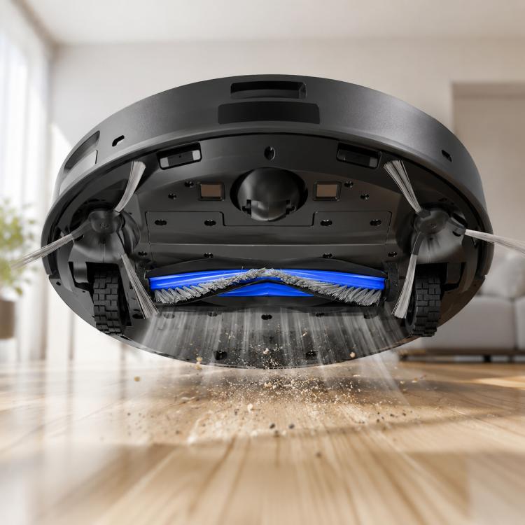 Robot vacuum accessory set with blue main roller brush and two gray side brushes