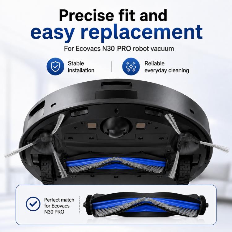 Robot vacuum with installed replacement roller brush featuring blue bristle core