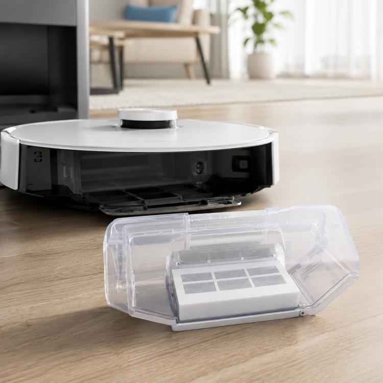 Transparent robot vacuum dust bin with rectangular filter cartridge, clear plastic housing