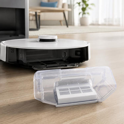 Transparent robot vacuum dust bin with rectangular filter cartridge, clear plastic housing