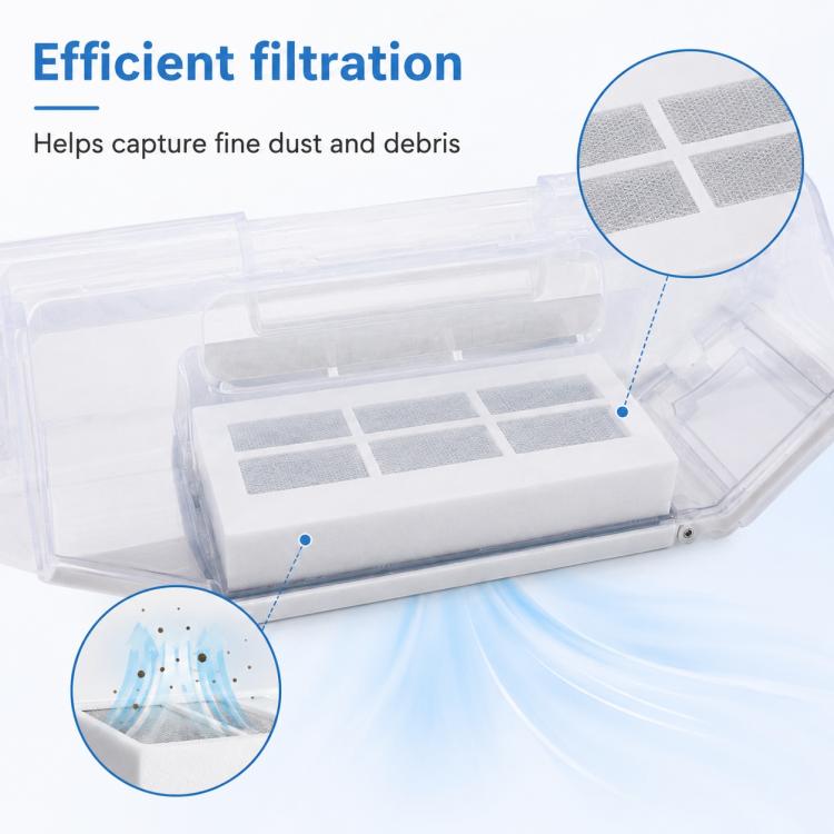 Transparent dust bin with rectangular filter cartridge and gray foam dust filter panels