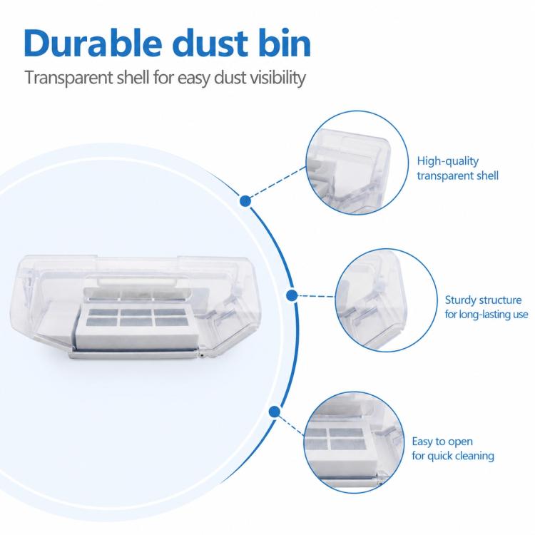 Transparent robot vacuum dust bin with rectangular filter cartridge and visible foam sections