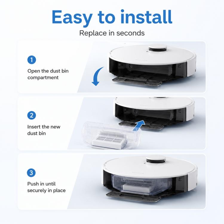 Robot vacuum with dust bin removed and clear replacement bin held for quick install