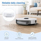 Robot vacuum on floor with installed transparent dust bin module and filter cartridge