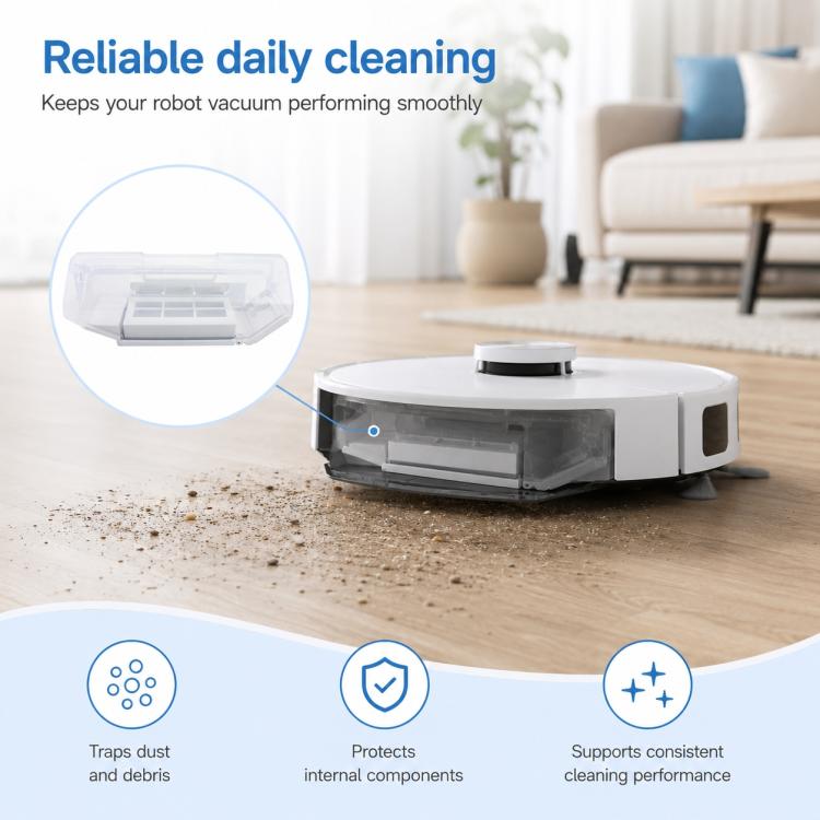 Robot vacuum on floor with installed transparent dust bin module and filter cartridge