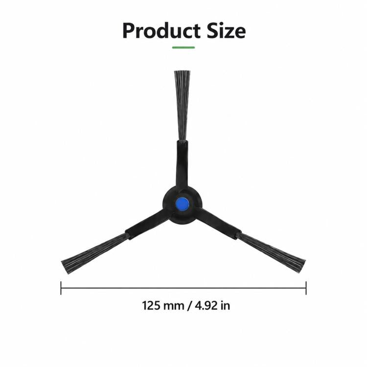 Replacement 3-arm side brush with measured dimensions, black bristles and blue hub