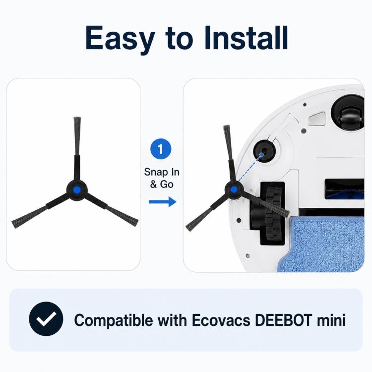 Replacement side brush installation shown on robot vacuum with side brush installed