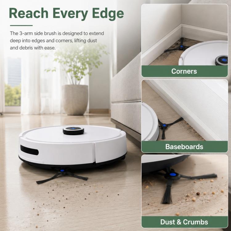 Robot vacuum with replacement 3-arm side brush reaching edges near baseboard