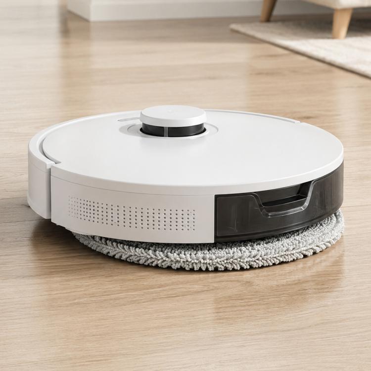 Robot vacuum with replacement mop pad attached, gray fabric pad around base