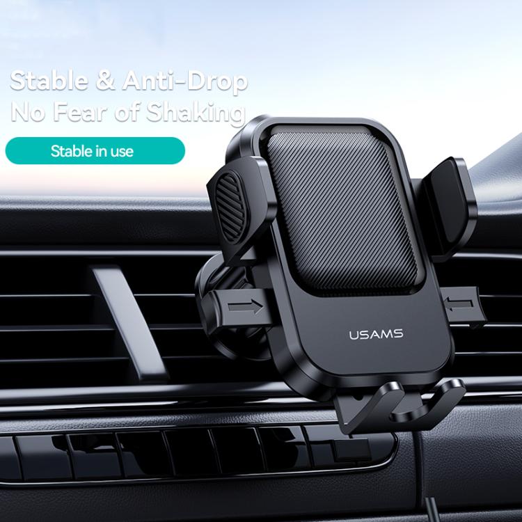 Car phone holder with stable anti-drop grip and vent-side mounting cradle, black