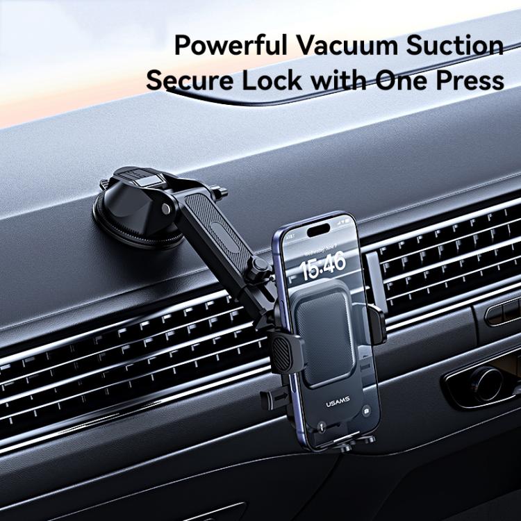 One-touch car phone holder suction base gripping a phone on the dashboard