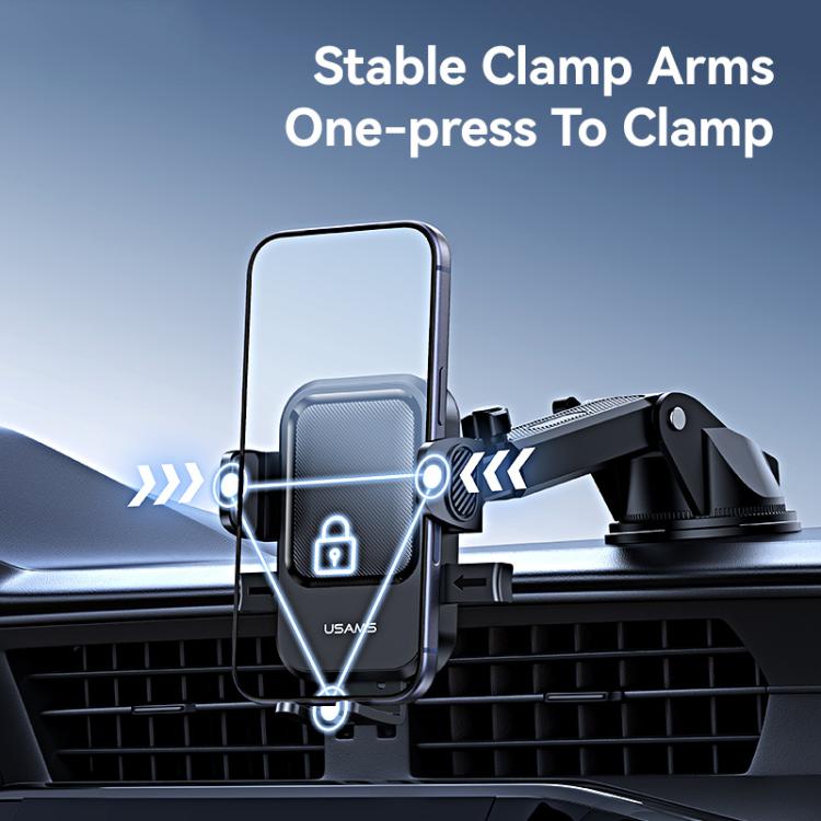 Car phone holder with adjustable clamp arms securing a phone vertically
