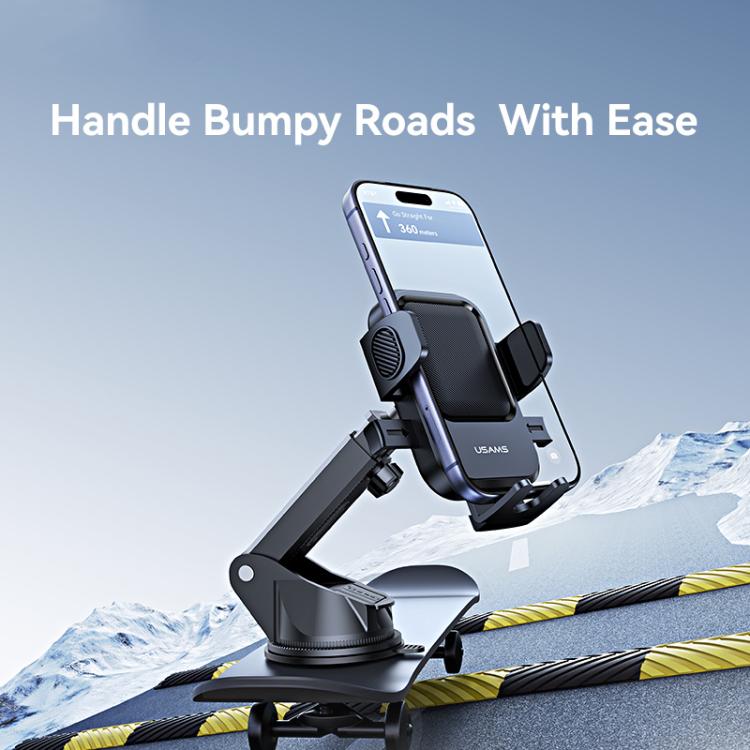 Car phone holder with extended handle arm holding a phone upright