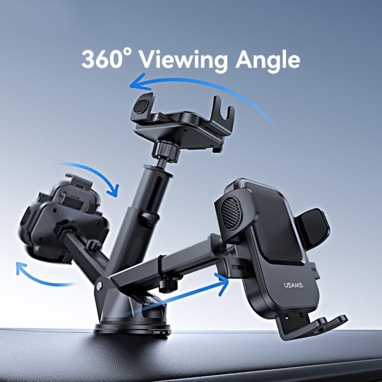 360° adjustable car phone holder with pivoting arms and clamp