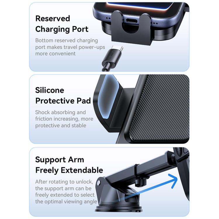 Car phone holder with silicone protective pad, reserved charging port, and extendable arm