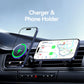 Magnetic wireless car charger phone holder attached to air vent with phone resting on cradle.