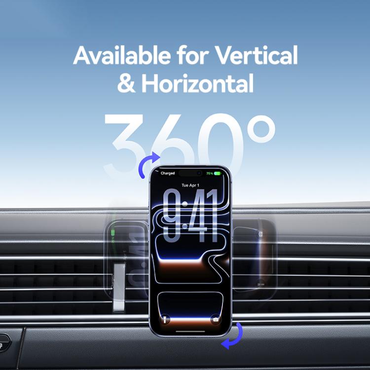Magnetic wireless car phone holder with adjustable cradle for vertical and horizontal positioning.