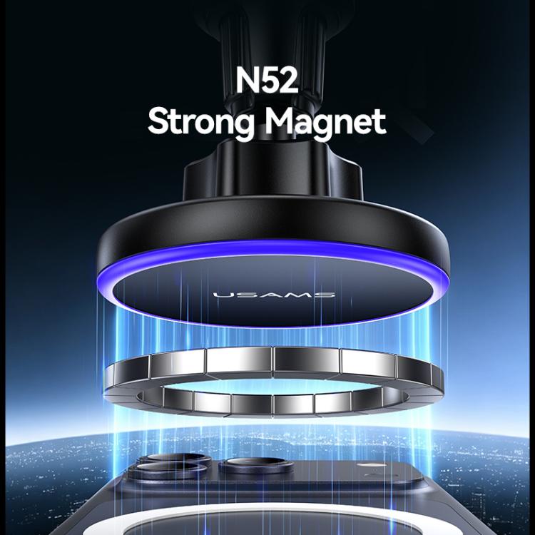 Magnetic wireless charger holder with glowing ring, showing strong magnet structure.