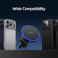 Magnetic wireless car charger holder compatible with smartphones, blue-ring mount on air vent.