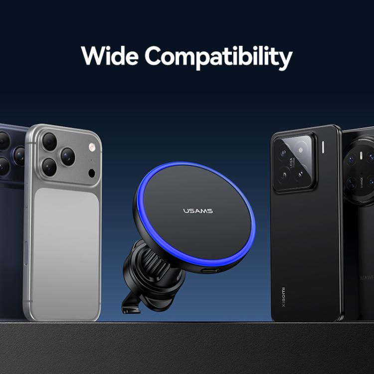 Magnetic wireless car charger holder compatible with smartphones, blue-ring mount on air vent.