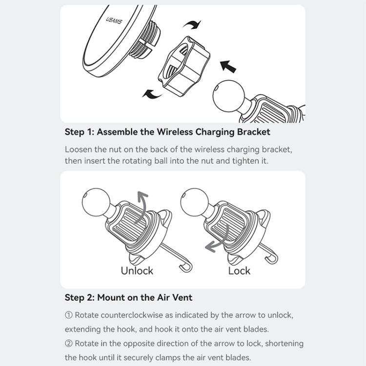 Assembly diagram of air-vent wireless charging bracket with rotating ball and lock.