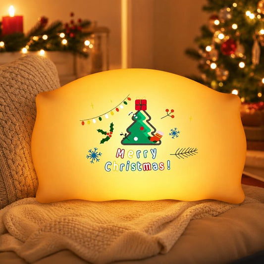 Yellow silicone Christmas night light pillow with green Christmas tree graphic