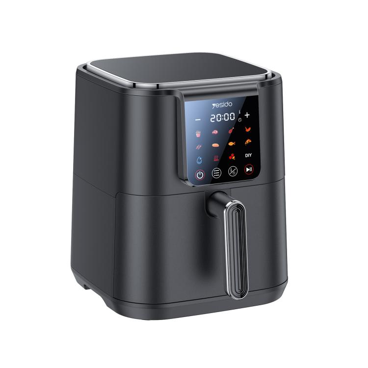 Black 6L air fryer with side view and touch screen control panel