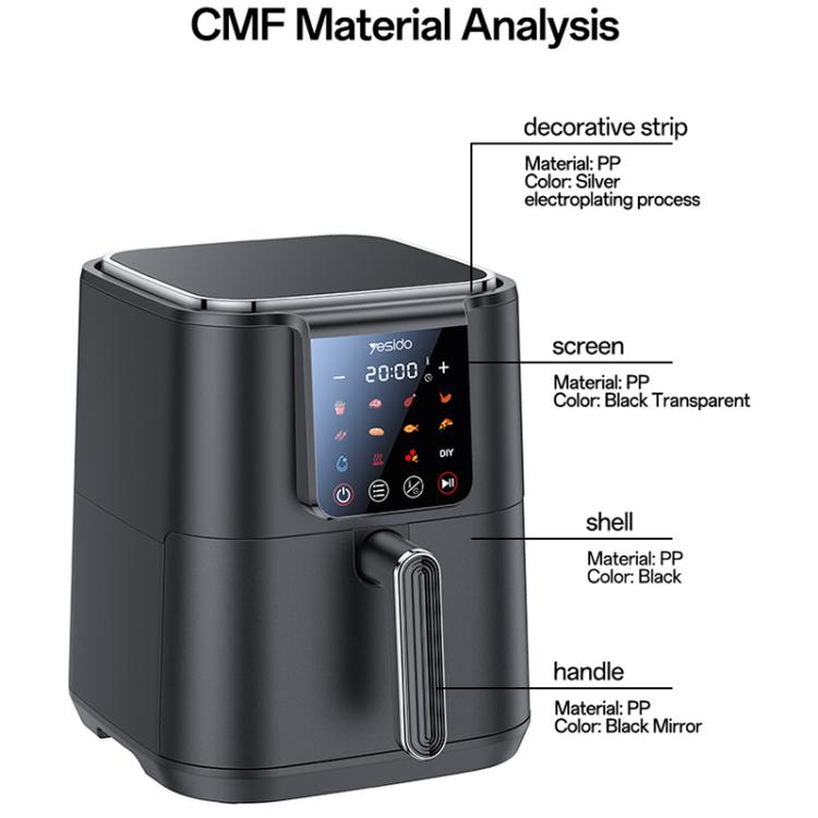 Black air fryer with touch screen, decorative strip, and front handle