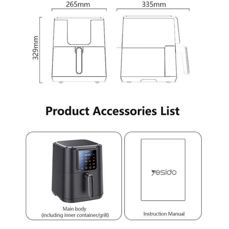 Black air fryer dimensions view with main unit and instruction manual shown