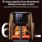 6L air fryer front view with touch screen and heating airflow around basket
