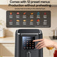 Black air fryer with touch screen control panel and side handle grip