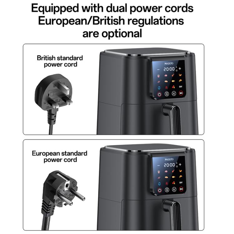 Black air fryer shown with removable cord and touchscreen control panel