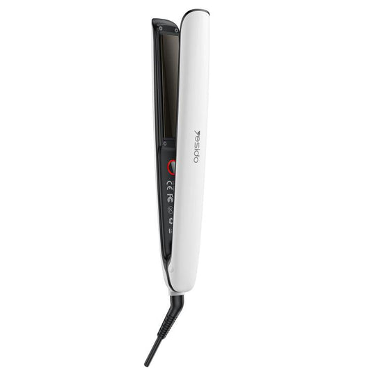 White and black hair straightener with long ceramic plates and power cord