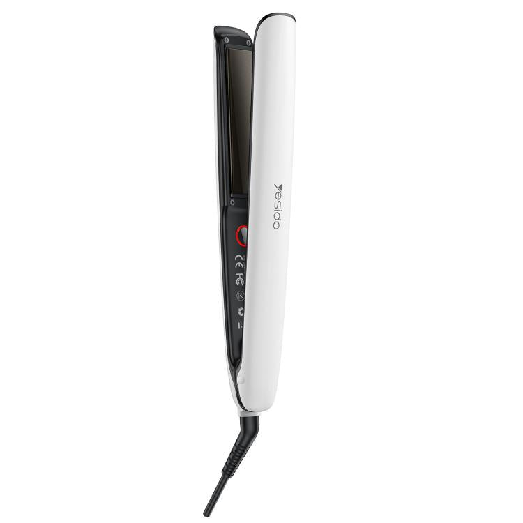 Hair straightener with front control buttons and color temperature indicator