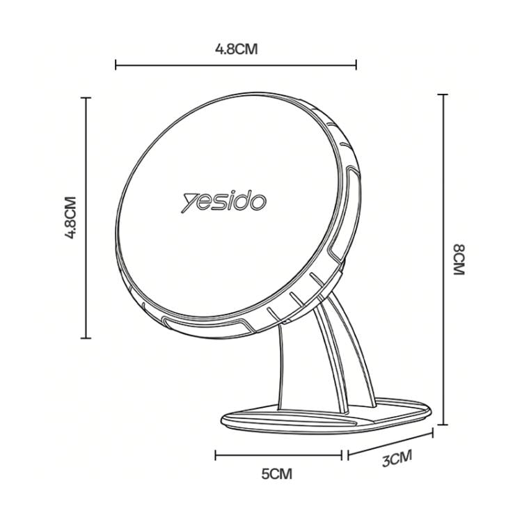 Yesido magnetic car phone holder stand with circular base, shown with dimensions