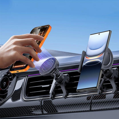 Black 360° rotating car air-vent phone holder with magnetic clamp, holding a phone.