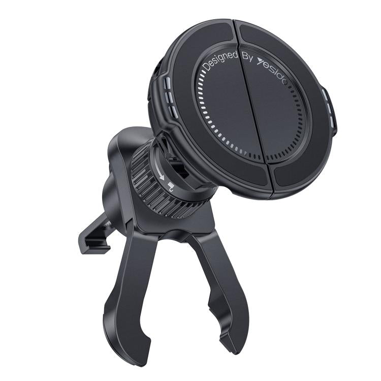Black car air-vent phone holder with adjustable vent clip and swivel cradle.