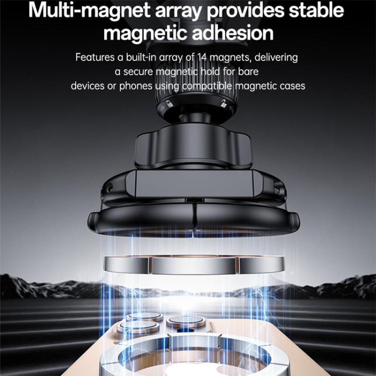 Black magnetic car phone holder with circular mount and vent-clamp base.
