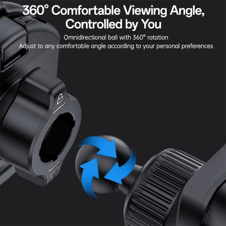 Black car phone holder with 360° rotating ball joint for air-vent mounting.