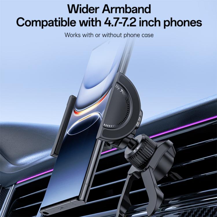 Black car air-vent phone holder holding a tall smartphone on the vent.