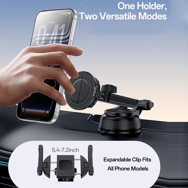 Magnetic phone holder with adjustable clip arms and circular viewing plate