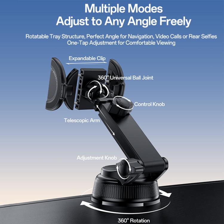 Adjustable 360° phone holder with rotatable joint and telescopic arm, black