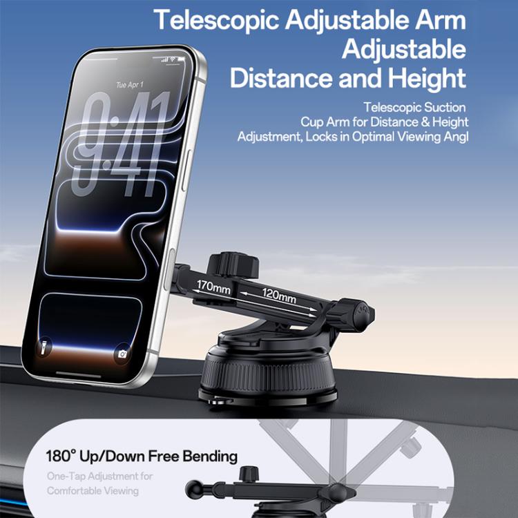 Black phone holder with telescopic adjustable arm and 180° up/down tilt